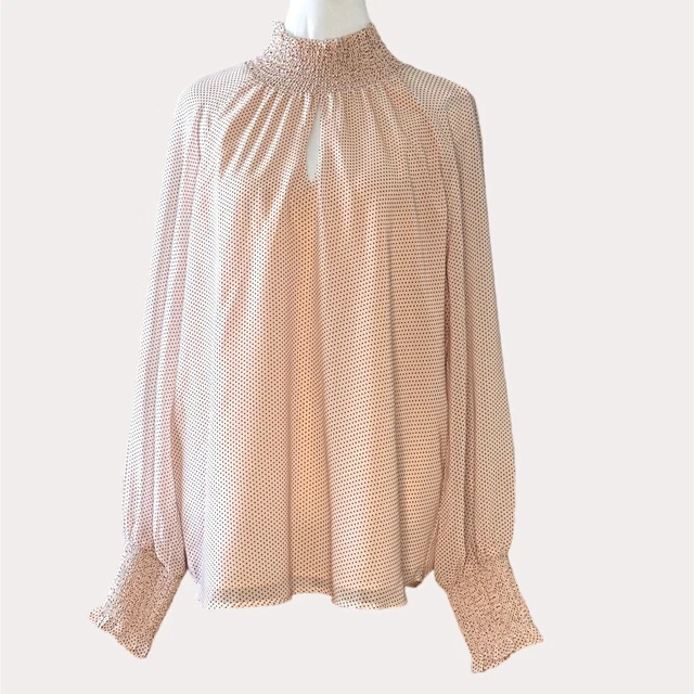 Adrianna Papell Mock Neck Smocked Blouse Top Keyhole Polka Dot Peach Black M fp