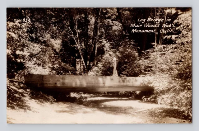 Postcard RPPC California Muir Woods CA Log Bridge Lady 1930s Zan 854 Unposted