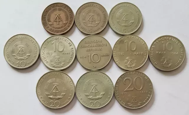 Lot von 11 Gedenkmünzen aus der DDR, 3 x 5 Mark, 5 x 10 Mark und 3 x 20 Mark (3) 2