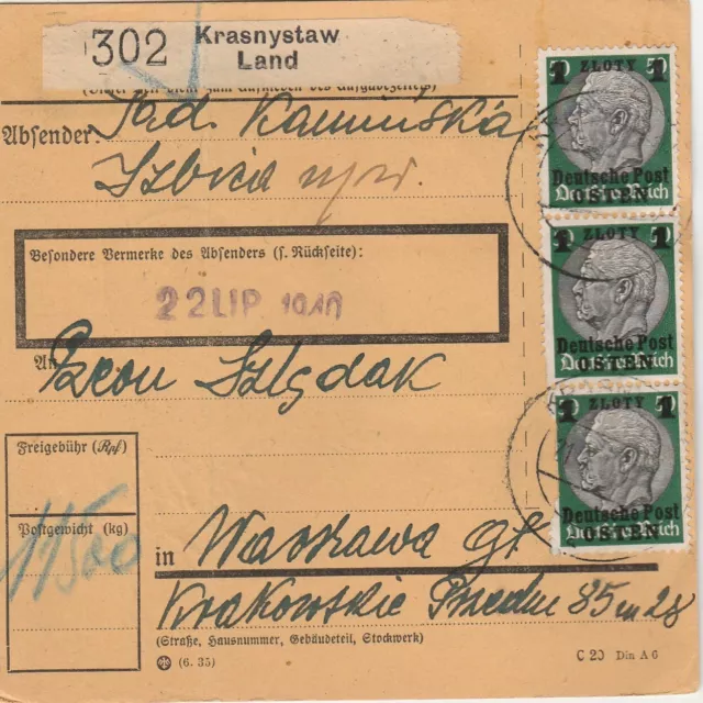 GG Paketkarte von Krasnystaw Land nach Warschau mit Mi: 11 , 12 (4x) von 1940.