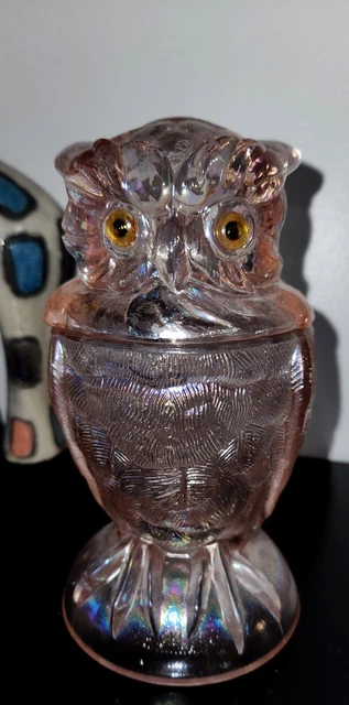 Glass Owl Jar w Lid Imperial  Lenox Light Pink Iridescent