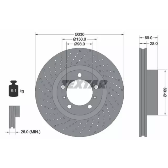 TEXTAR 1x Disco Freni Anteriore Ø330 Forati/Areato per Porsche 718