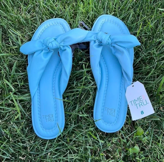 TIME AND TRU Women’s Blue Bow Thong Sandals / Flip Flops Memory Foam ...