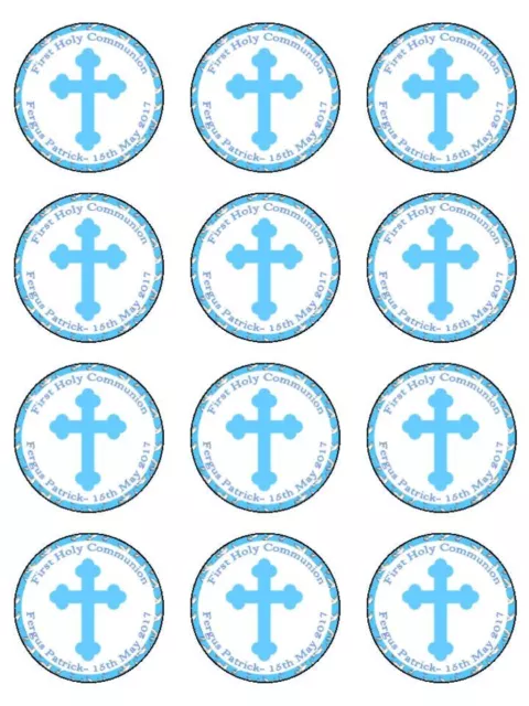 First holy communion Personalised edible cupcake blue Toppers Wafer or Icing x12