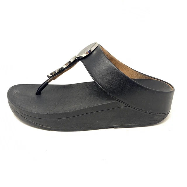 FitFlop Black Leather Halo Comfort Wedge Thong Slip on Sandals  Womens Sz 5 M 2