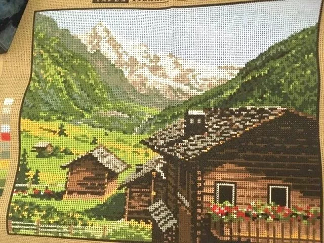 Vintage Needlepoint Kit From Tapex Vienna Swiss Alps Chalet 
