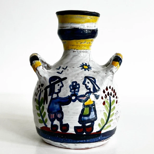 Vase Signé Jean Paul Baudoin - Couple De Bretons, Hauteur 13.5 Cm, Inspiration Quimper, Très Bon état