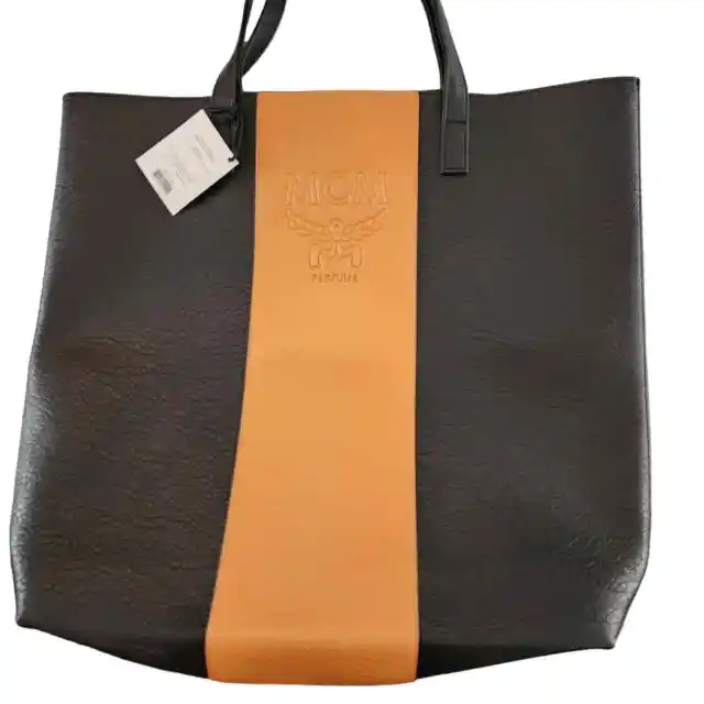 Authentic MCM Faux Leather Shopper Tote Bag Purse logo Parfums black/brown *NEW*