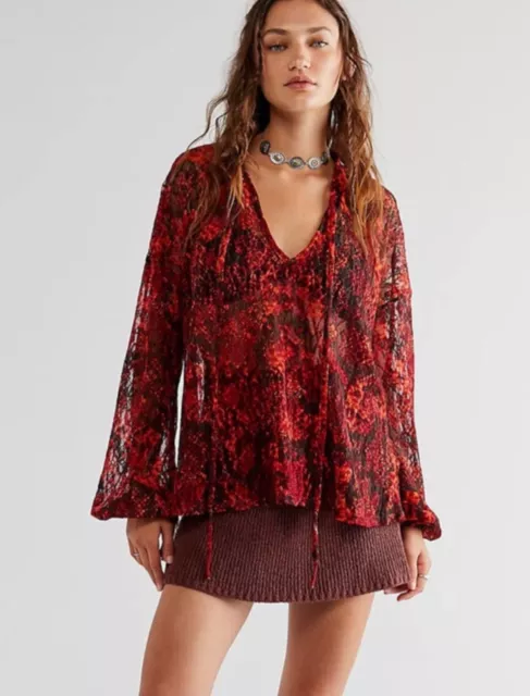 Free People Out For The Night Long Sleeve Lace Blouse Size Small