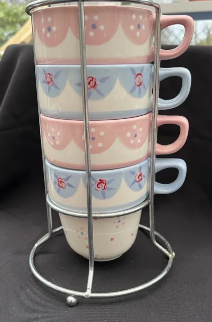 M&S Stacking Mugs X 4 Hand Painted Stoneware And Chrome Stand -  Blue & Pink