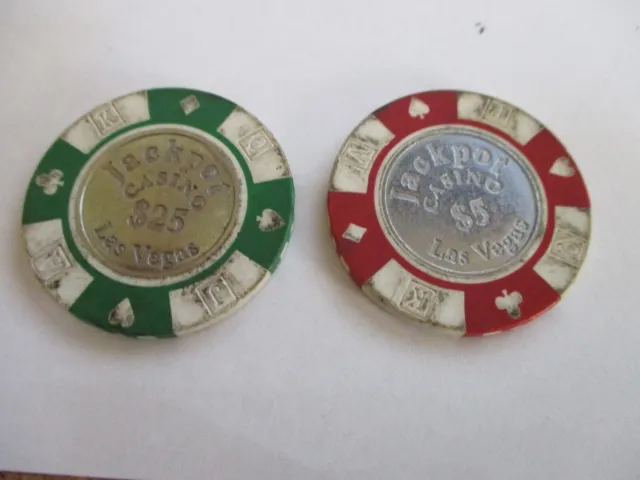 Lot Of 2 Jackpot Casino Chips Las Vegas  25.00 And 5.00 Ave Used Cond. Obsolete