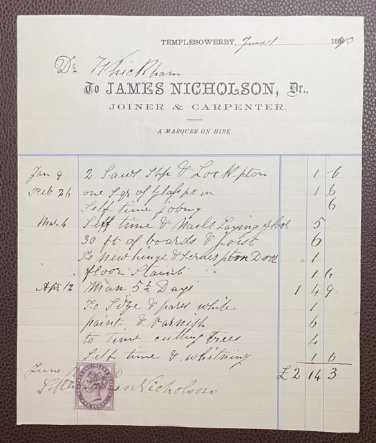 1890 James Nicholson, Joiner & Carpenter, Temple Sowerby, Nr Penrith Invoice
