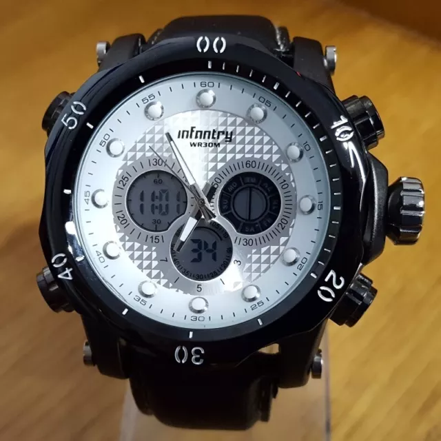 Mens Black Infantry XXL Military Diver Style Dual Combi Alarm Chrono Watch