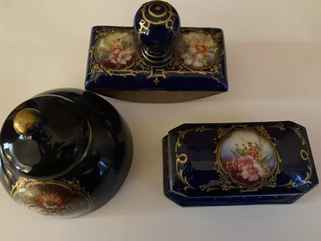 Porcelain 3 Piece Inkwell, Wood Stamp Hand Painted Flowers, Lavish Gold Details.