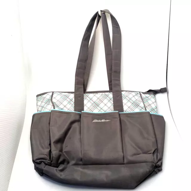 Eddie Bauer Diaper Bag Tote Gray Teal Plaid with Changing Pad Wipeable Sinclair