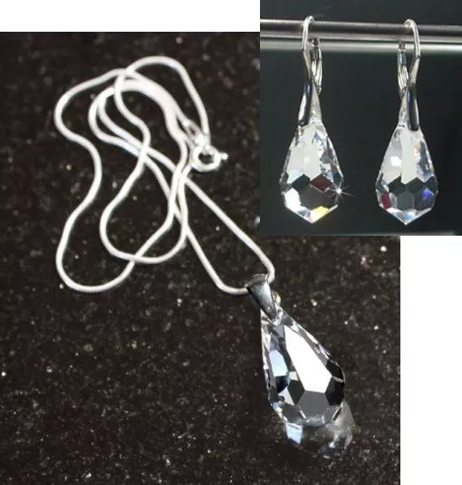 Echt Silber 925 Schmuck-Set mit Swarovski® Kristallen Tropfen Kette Ohrringe