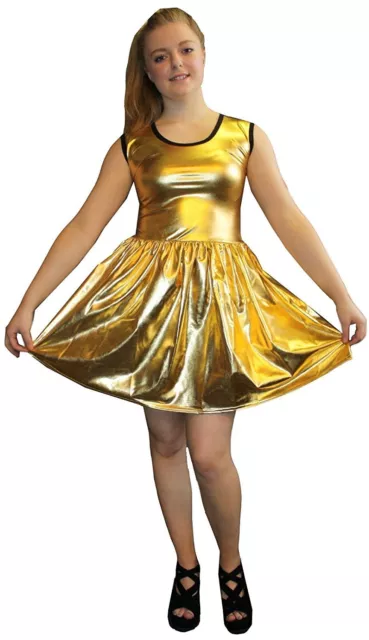 Metallic Shiny Pvc Golden Grease Wetlook Rockabilly Swing Sleeveless Dress Rave