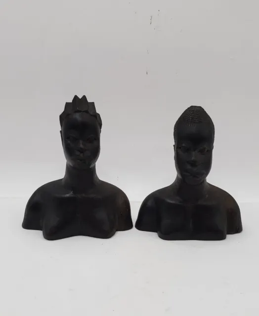 African Hand Carved Ebony Wood Woman And Man 2 Sculptures Bust Mid Century Black