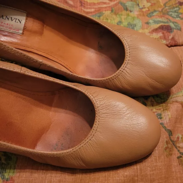 Lanvin Nude Tan Camel Wedge Heel Ballerina Pump Block 38.5 US 8.5 3