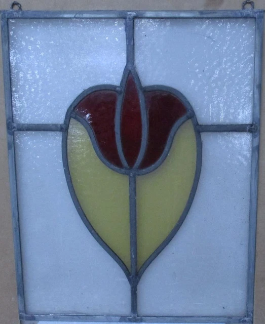 OLD ENGLISH STAINED GLASS WINDOW Unframed w Hooks Cute Floral 13.25" x 17.5"