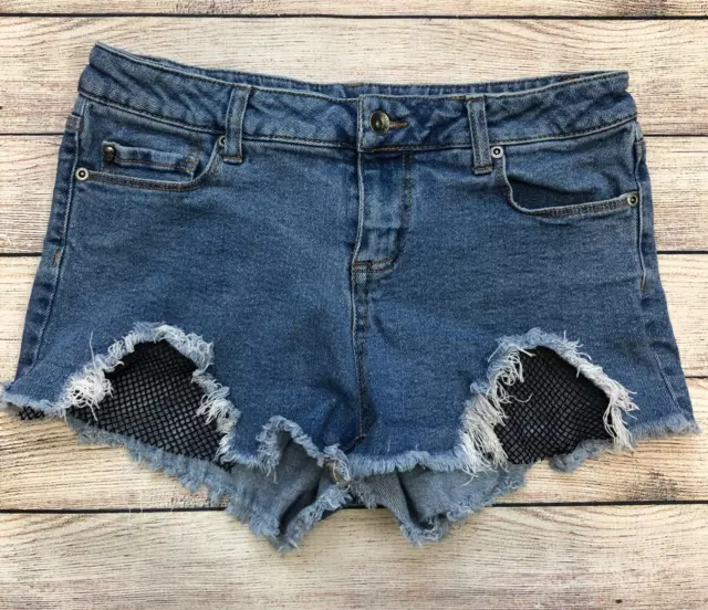 Black Heart Size 9 Denim Jean Shorts Distressed Destroyed Mesh Fishnet Legs E43