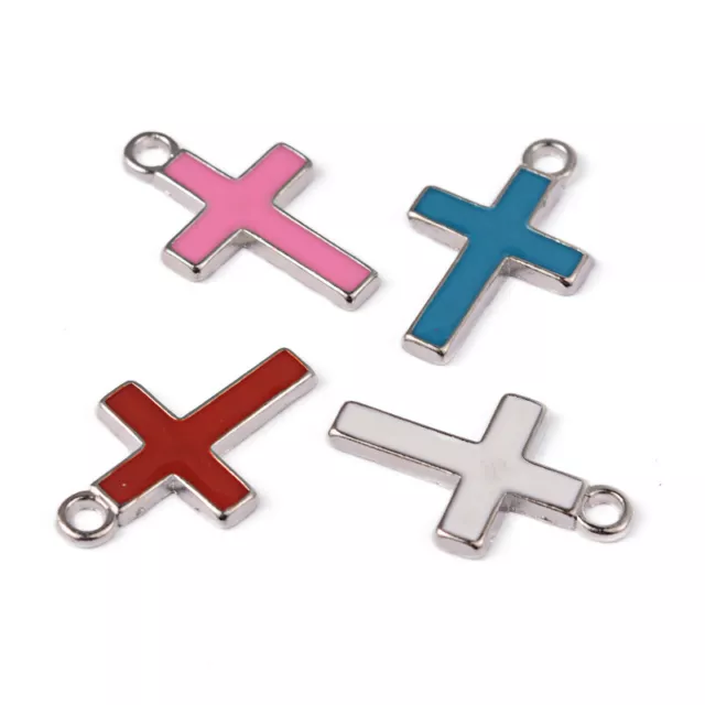 10 Cross Charms - Mixed Colours - Enamel Silver Tone 26mmx16mm Religious -P00703