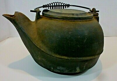 Vintage Cast Iron Tea Kettle, Coffee Pot Large, Swivel Lid, Bird Spout SCAN look