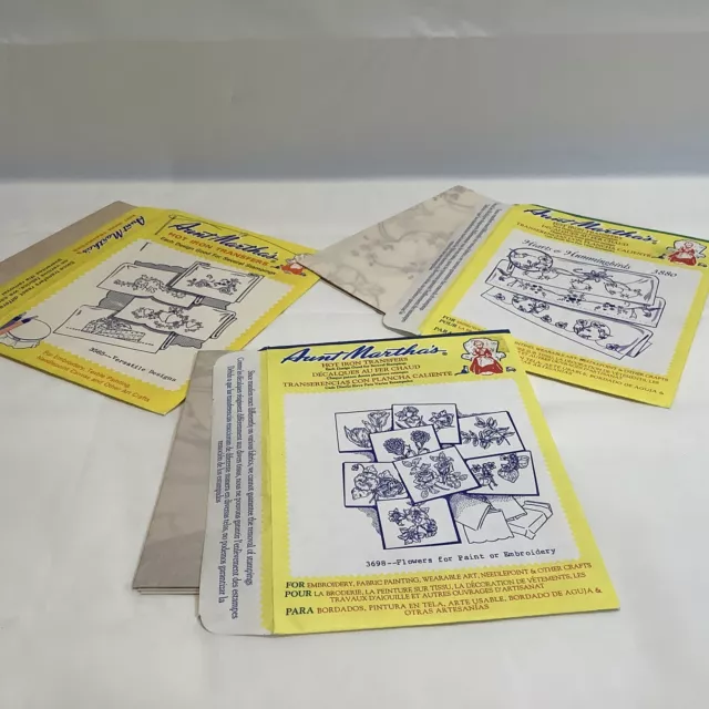 3 TRANSFERENCIAS BORDADAS DE HIERRO CALIENTE DE LA TÍA MARTHA'S vintage 3698, 3880 y 3565 sin usar
