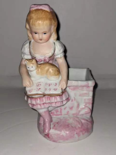Antique Porcelain Bisque Match Holder Figurine Girl Reading with Cat - German