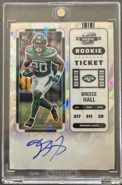 2022 Contenders Optic Breece Hall Rookie Ticket Cracked Ice Auto RC # /22 Jets