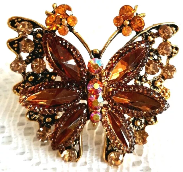 Bague réglable papillon avec strass Marron 2 tons,métal doré garanti sans nickel 2