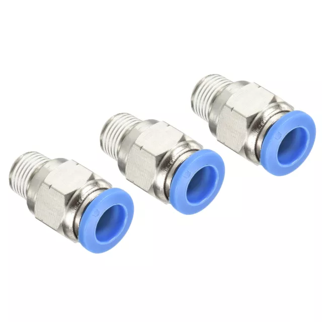 3Pcs 1/8NPT Push to Fit 8mm OD Hose Connect Fittings, Blue & Silver Tone