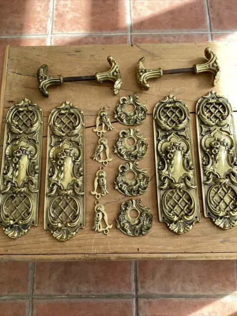 4 Very Ornate brass door finger plates & Handles With Backplates - Stunning.