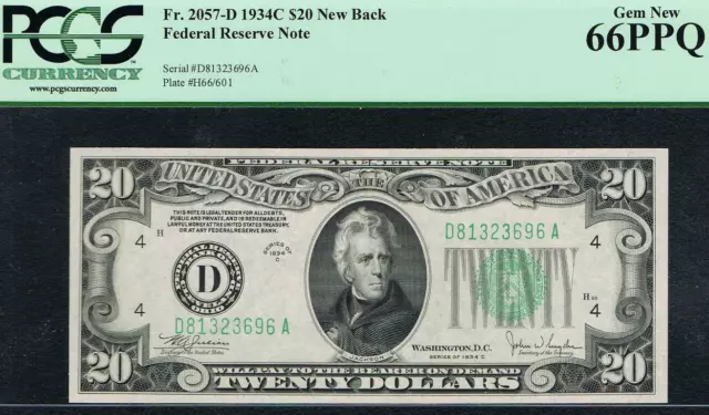 NEW BACK. $20 1934C Cleveland FRN. Fr. 2057-Dnb. PCGS 66 PPQ.
