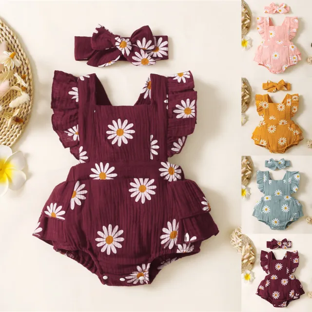 Newborn Baby Girl Floral Ruffle Outfits Bow Romper Top Headband 2Pcs Set Clothes
