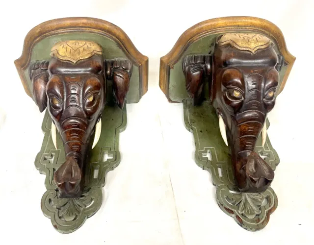 Pair Carved Antique Elephant Wall Brackets Shelves Sconce / Clock Brackets