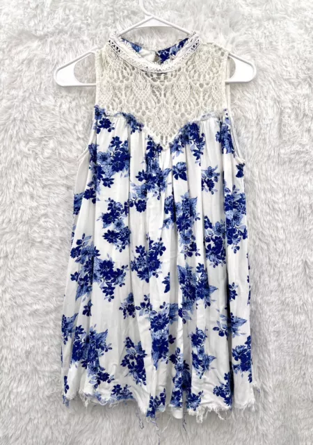 Blu Pepper Blue White Floral Lace Swing Dress Sleeveless Raw Hem Size Medium