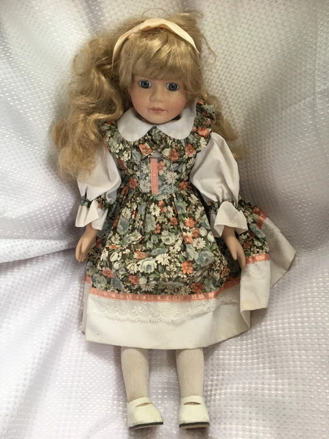 Vintage Porcelain Doll 16.5" Blond curly hair Blue eyes Unbranded Very Good Cond