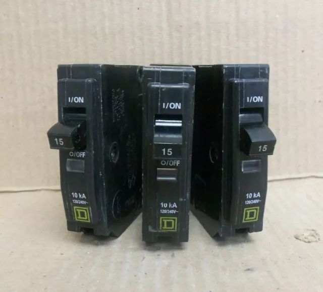 LOT OF 3  SQUARE D QO QO115 1 POLE 15 AMP 120 V Yellow FACE CIRCUIT BREAKER