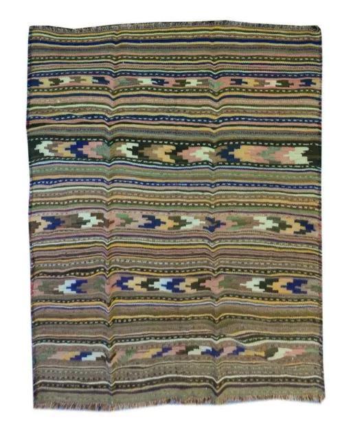 Alfombra de área de lana oriental 4x7 tradicional vintage a rayas Kilim hecha a mano 3