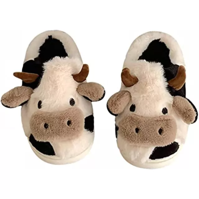 Cute Slippers for Women Men Fuzzy  Warm Slides Indoor Cartoon Cow Print Slipper