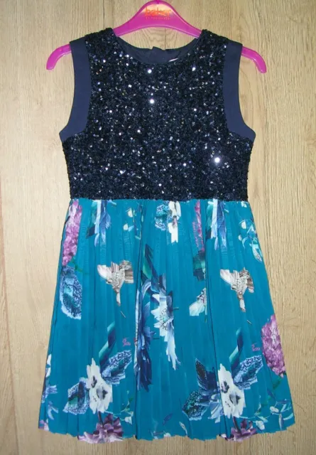 Ted Baker Girls Blue Floral Print Pleated Sequin Party Dress Age 7 122cm