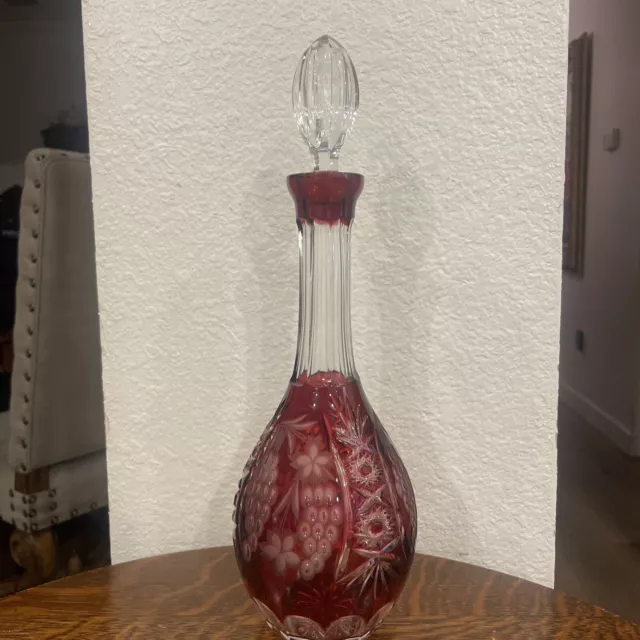 Bohemian/Czech Cranberry Cut To Clear Decanter