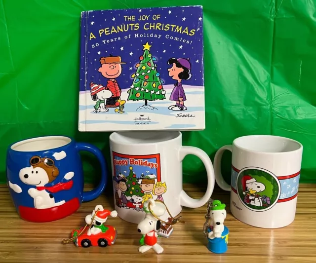 Peanuts & Snoopy Christmas lot - 3 Mugs-2 ornaments- 1 key chain & book