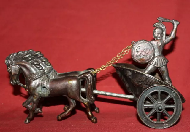 Vintage hand made metal Roman warrior with horse chariot statuette