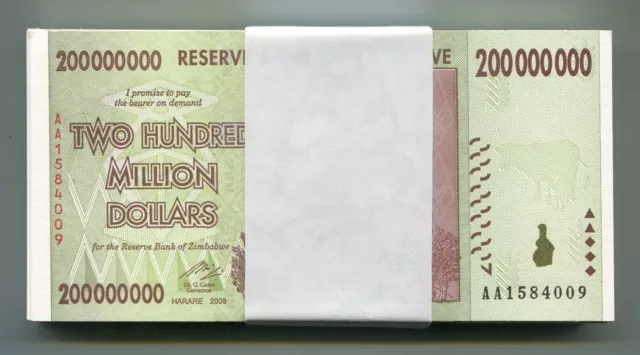 Zimbabwe 200 millions de dollars AA 2008 UNC P81 1/4 Bundle 100 trillions série