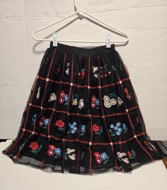 NWT Hanna Andersson Girls Black Floral Embroidered Tulle Midi Skirt Size 140 10 2