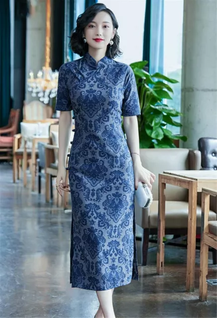 Women Chinese Oriental Asian Blue Print Traditional QIPAO Tunic Long Dress M