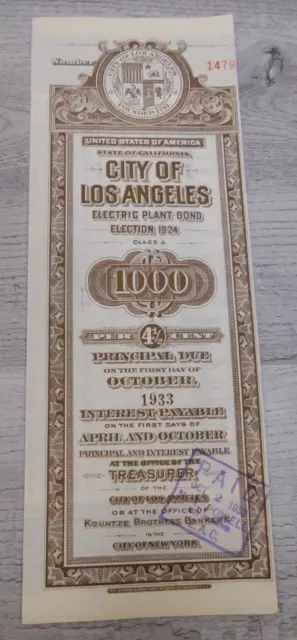 Vintage 1933 California City of Los Angeles Electric Plant Bond Election No 1479