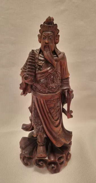 Antique Chinese Warrior General Carved Wood Holding Sword & Temple Rosewood Rare